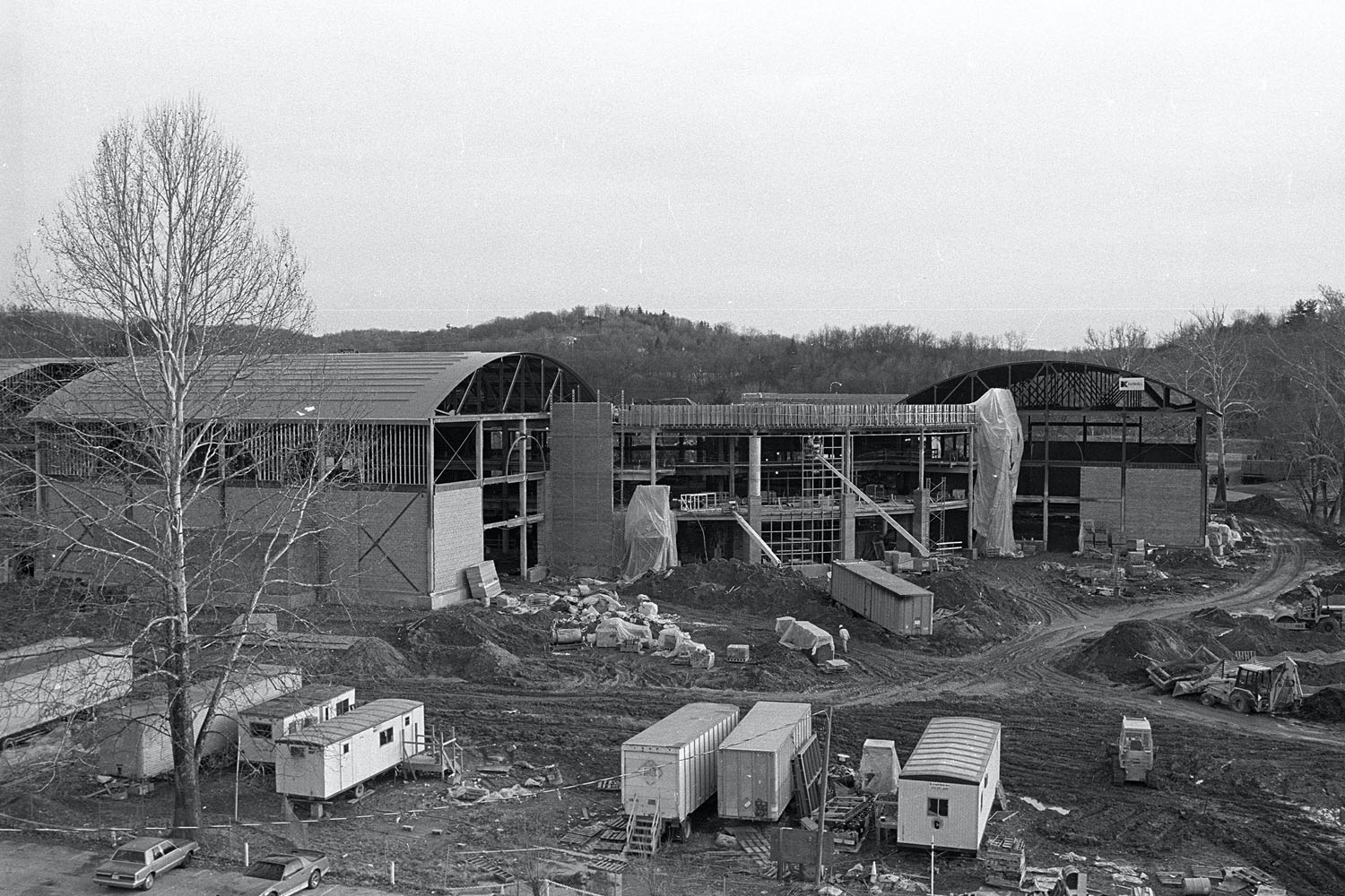 The Ping Center is under construction in this 1995 photo taken from atop Clippinger Laboratories. Photo courtesy of the Mahn Center for Archives & Special Collections