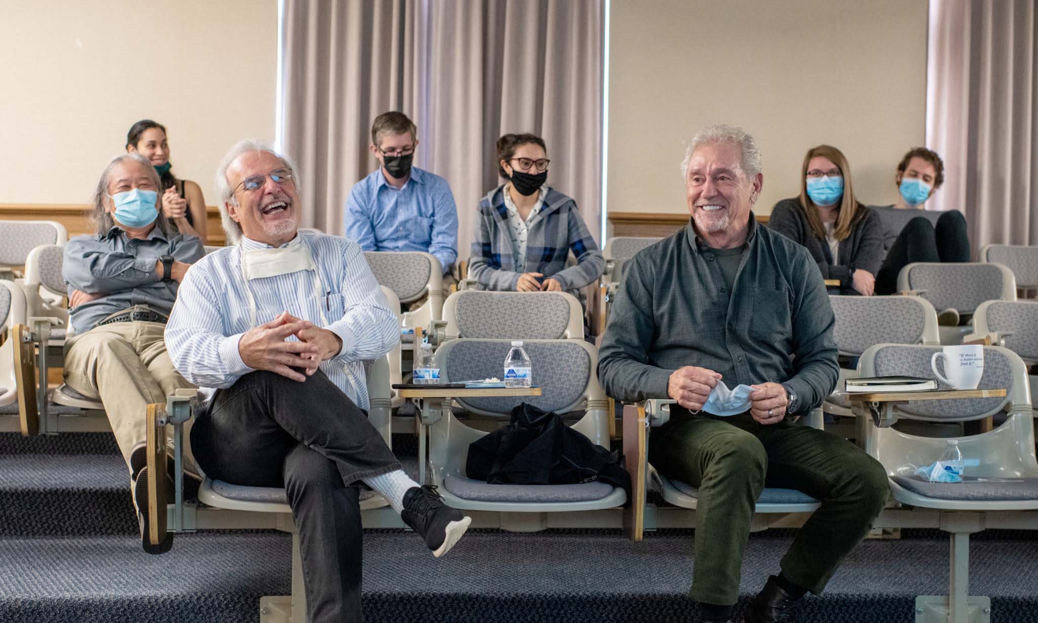 Dr. John Kopchick and Rick Hawkins take in student research presentations Nov. 2 at OHIO’s Edison Biotechnology Institute.