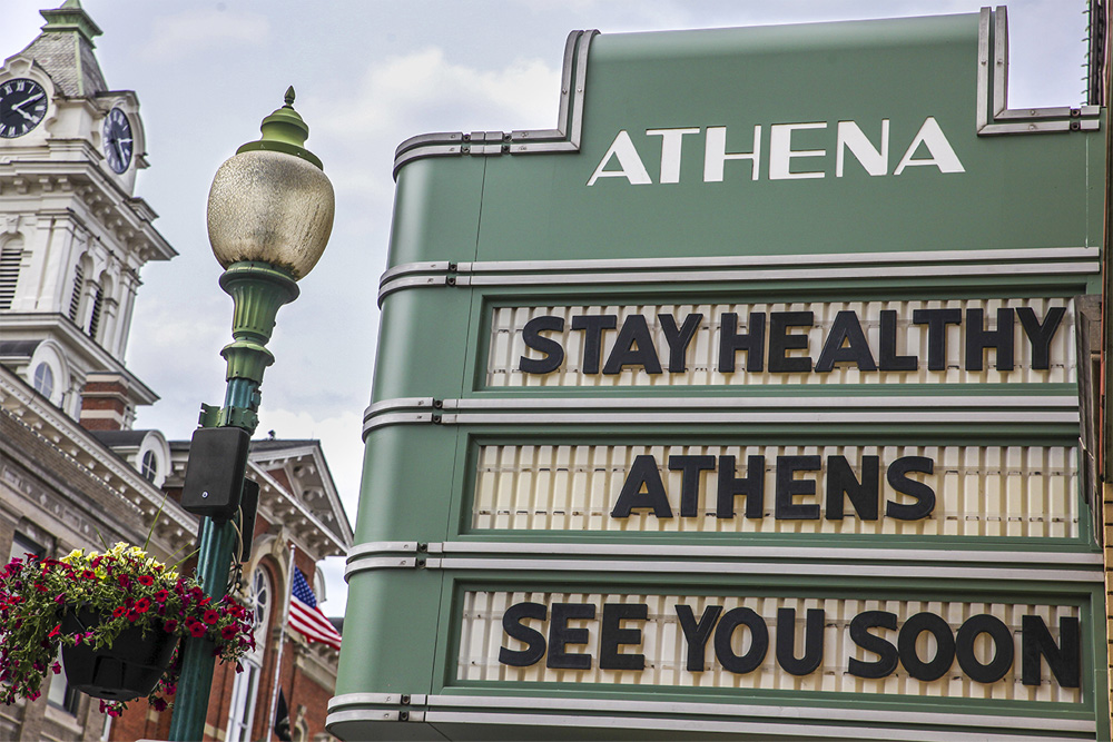 The Athena Cinema, Ohio University-owned movie theater during 2020, the marquee reads "Stay Healthy Athens. See You Soon."