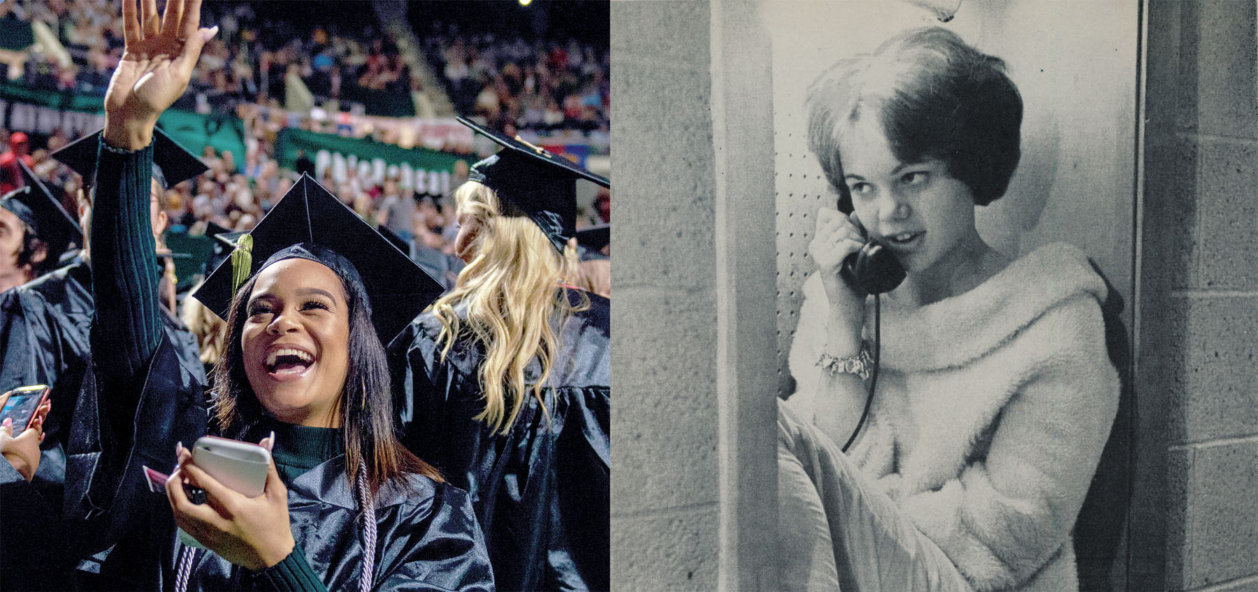 Two images left to right: A recent graduate using their cellphone while celebrating their graduation. Right: A past photo of a student using a payphone.