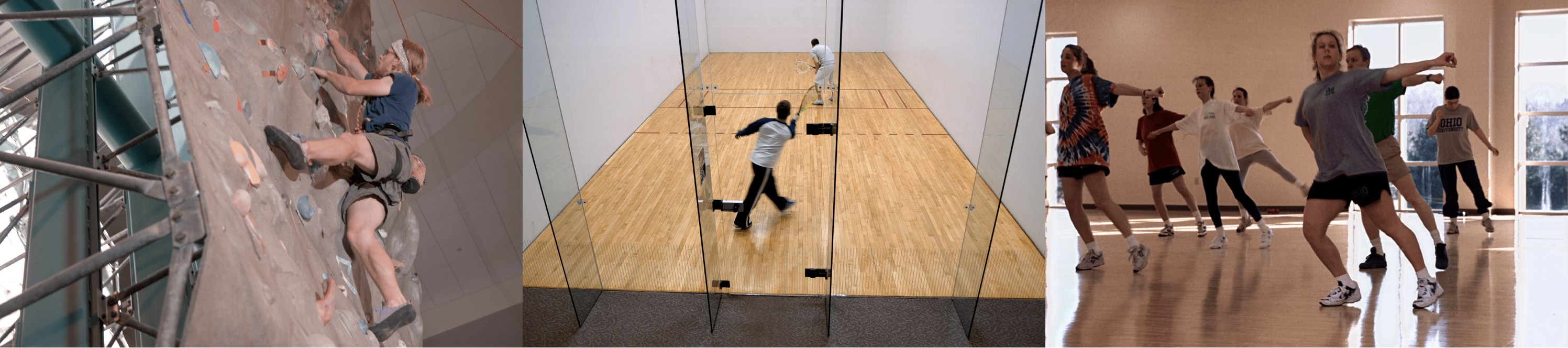 Three images left to right: A woman using the rock climbing wall at Ping, two people playing tennis, A group dance cardio class