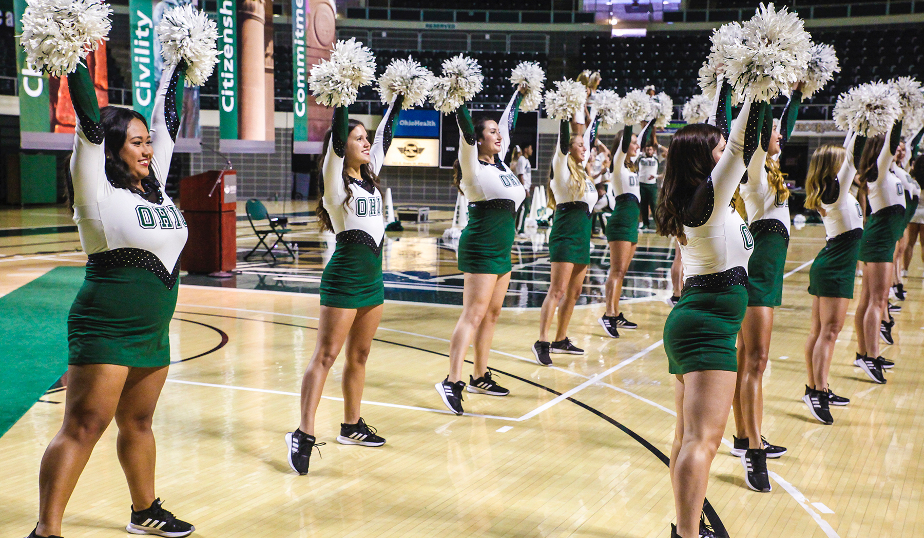 The OHIO Dance Team performs multiple routines at the 2019 President’s Convocation for First Year Students. 