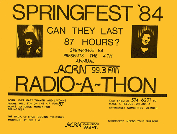 Yellow flyer promoting a Radio-A-Thon in 1984