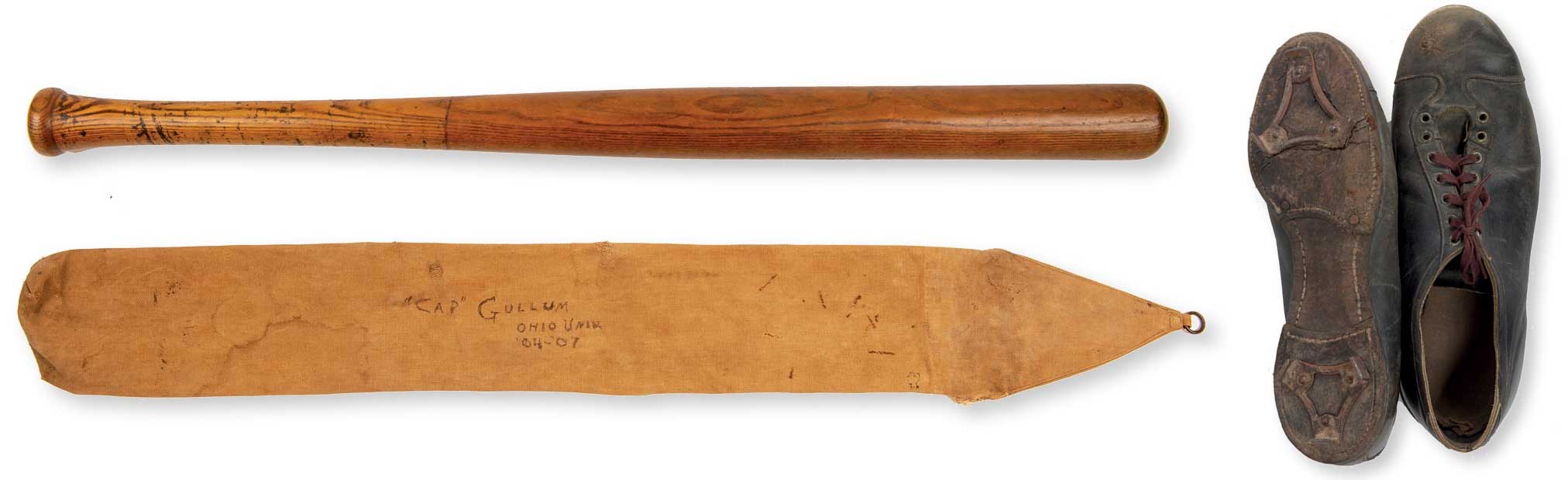 OHIO baseball captain Frank “Cap” Gullem’s bat, unique carrying case, and his shoes, complete with ominous-looking metal cleats. 