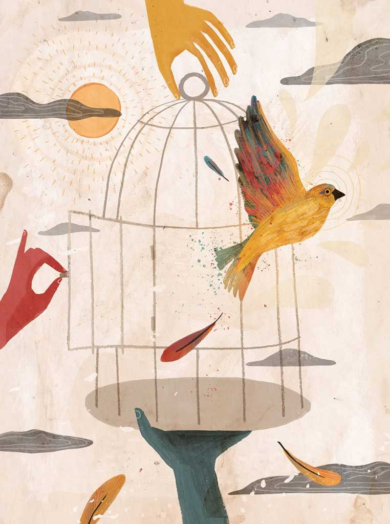 Illustration of a bird leaving a cage