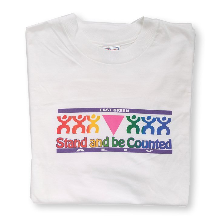 An East Green LGBTQ Ally t-shirt advocating for allies to “Stand and be counted.”