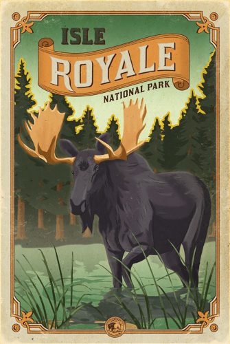 Isle Royale National Park poster with a stylized moose in front of a forest