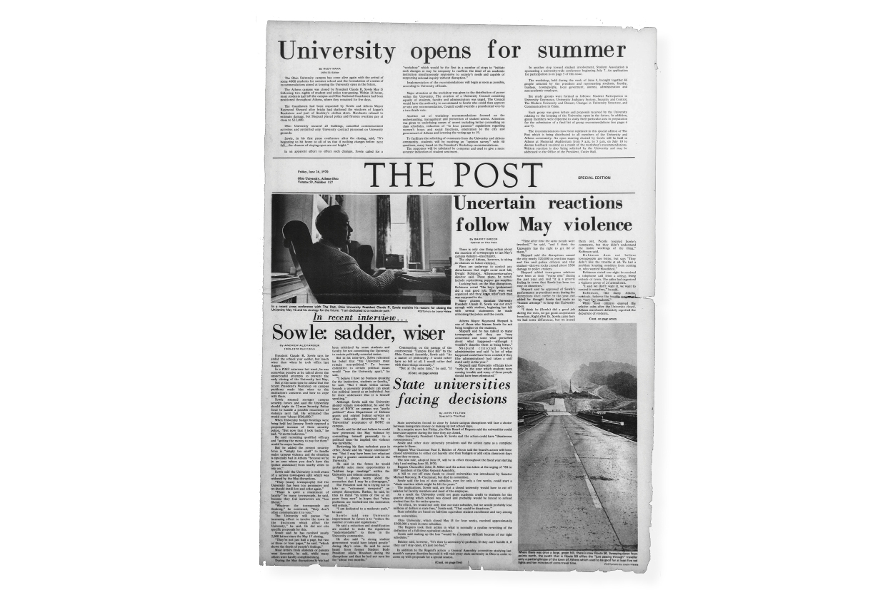 Newspaper with headline: "University Opens for Summer"