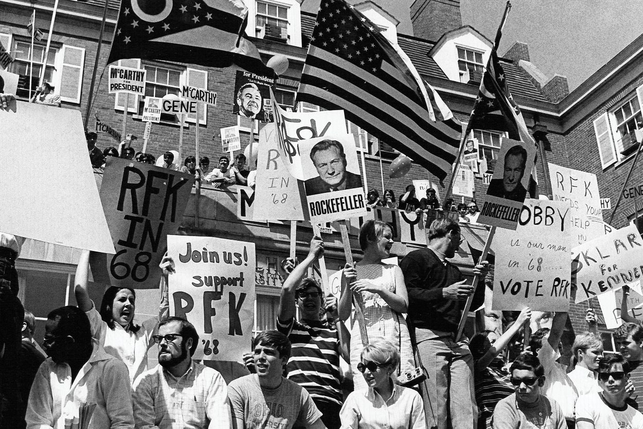 Students on campus at politcal rally during primary elections in 1968