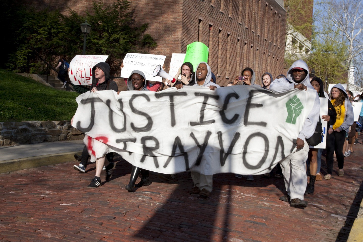 Protesters march through campus after the rally for Trayvon Martin, 2012