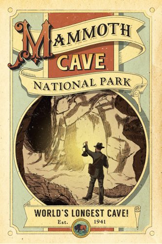 Mammoth Cave poster with a stylized explorer with a lantern in a cave