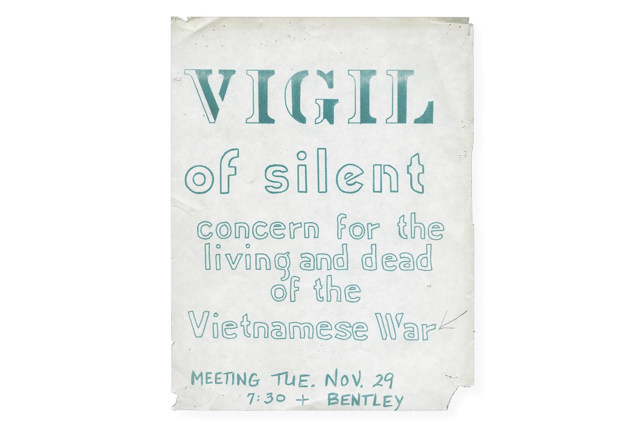 Poster: Vigil of silent concern for living and dead of the Vietnamese War Meeting Tues. Nov 29 at 7:30 in Bentley