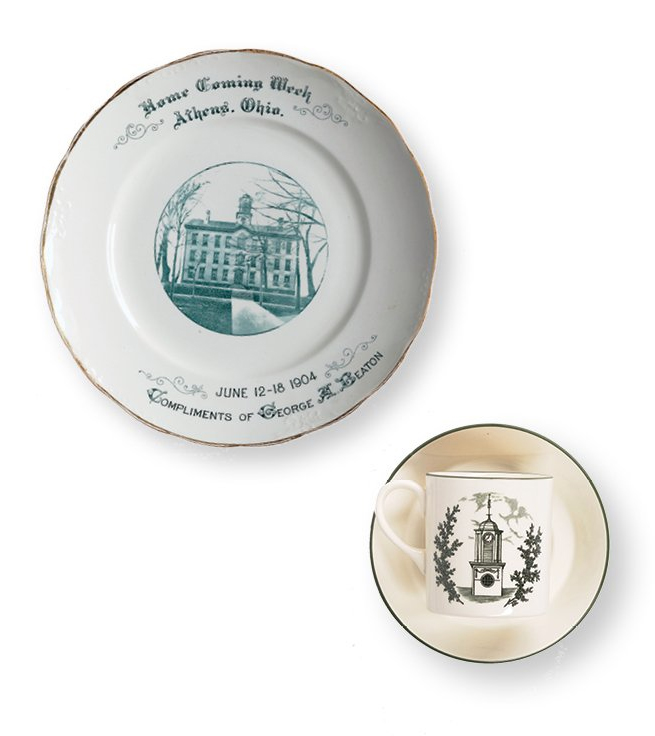 ABOVE: Made of white porcelain, this plate commemorates the 1904 Athens Homecoming. BELOW: Saucer and a cup depicting Cutler Hall’s cupola (provenance unknown.)