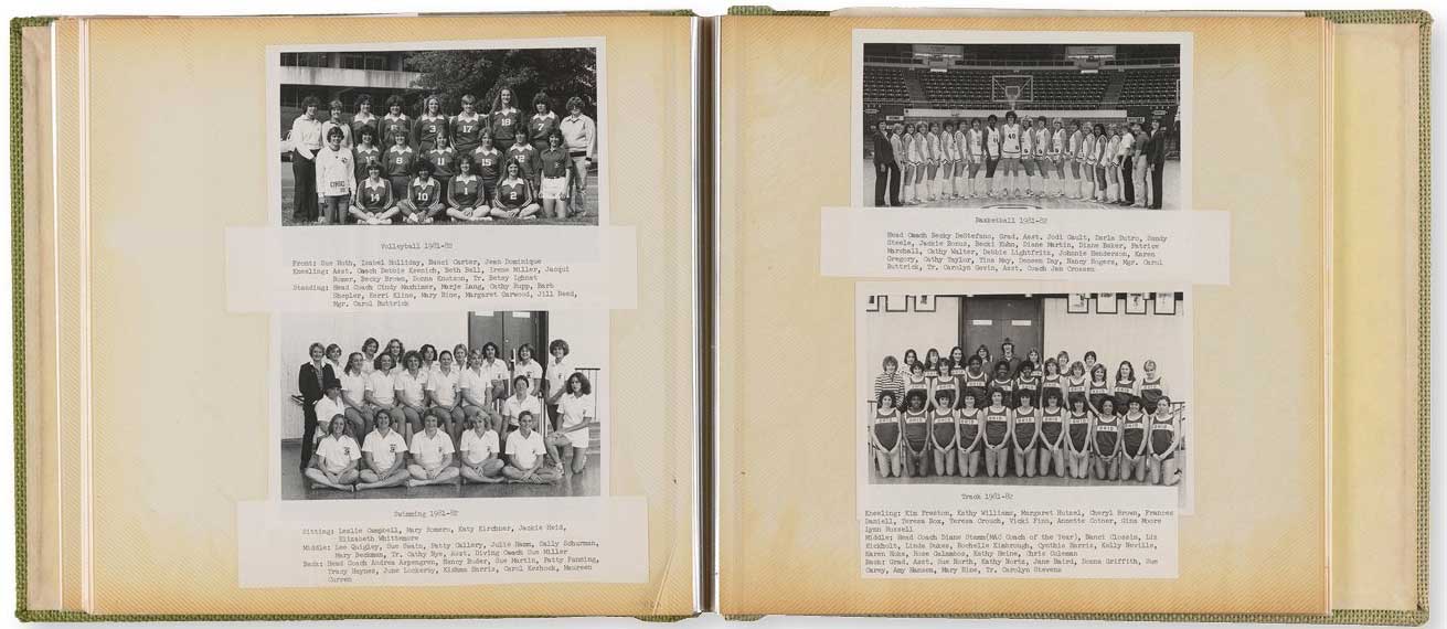 Inside a scrapbook illustrating Women’s Athletics from 1973 to 1984.