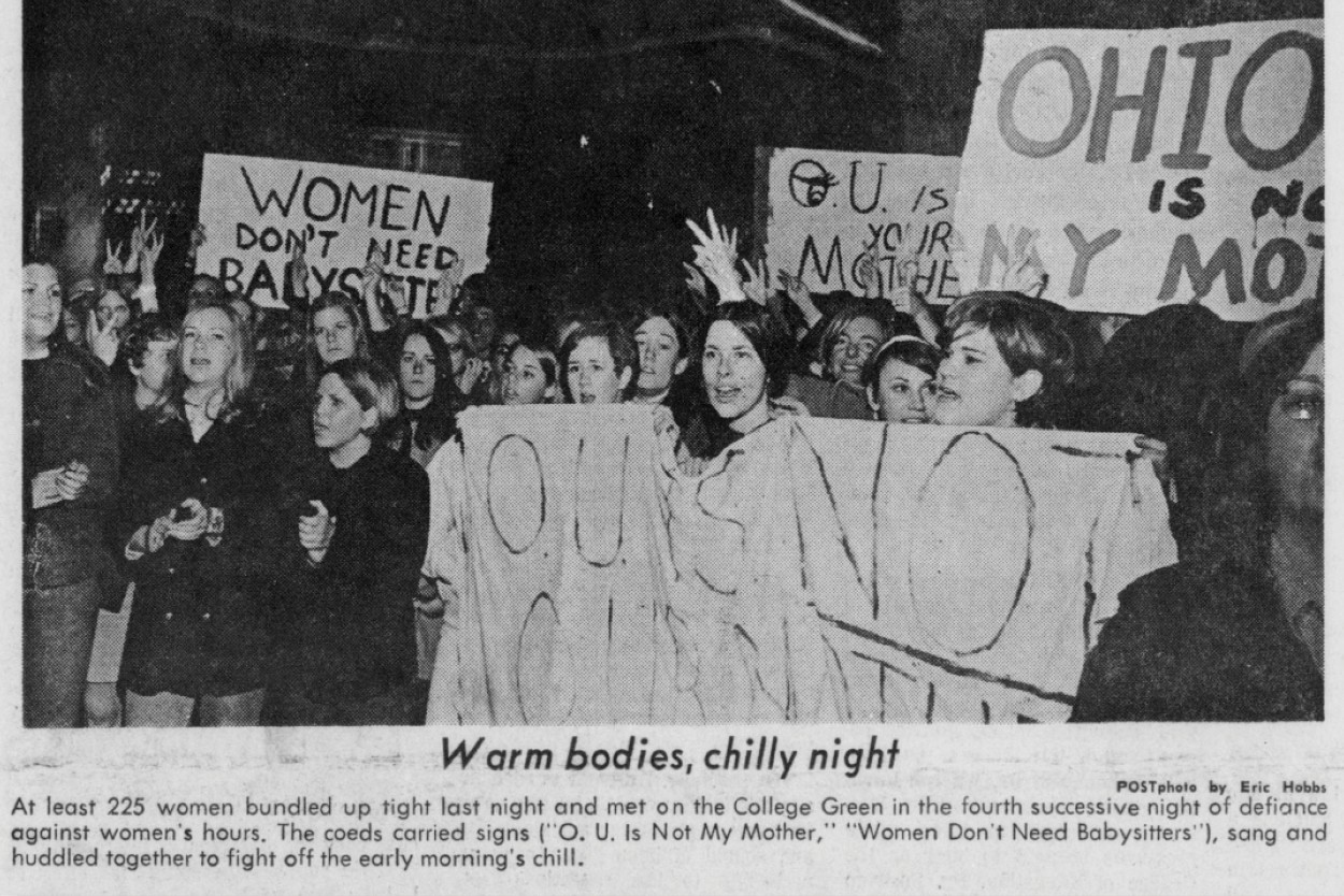 Student women at rally protesting curfew