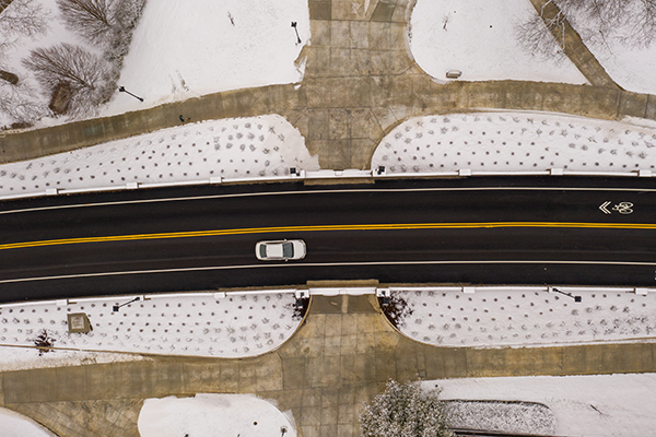 aerial image of a car driving over the new road bridge on Richland Avenue