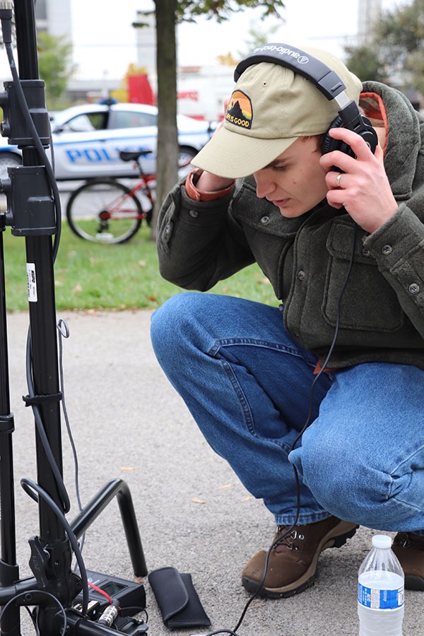 Ohio University Immersive Media Producer and Immersive Audio Specialist Jordan Herron on set of the Cine-VR episodes in Columbus. Herron served as Ambisonic Audio producer for the series of Cine-VR law enforcement training episodes.