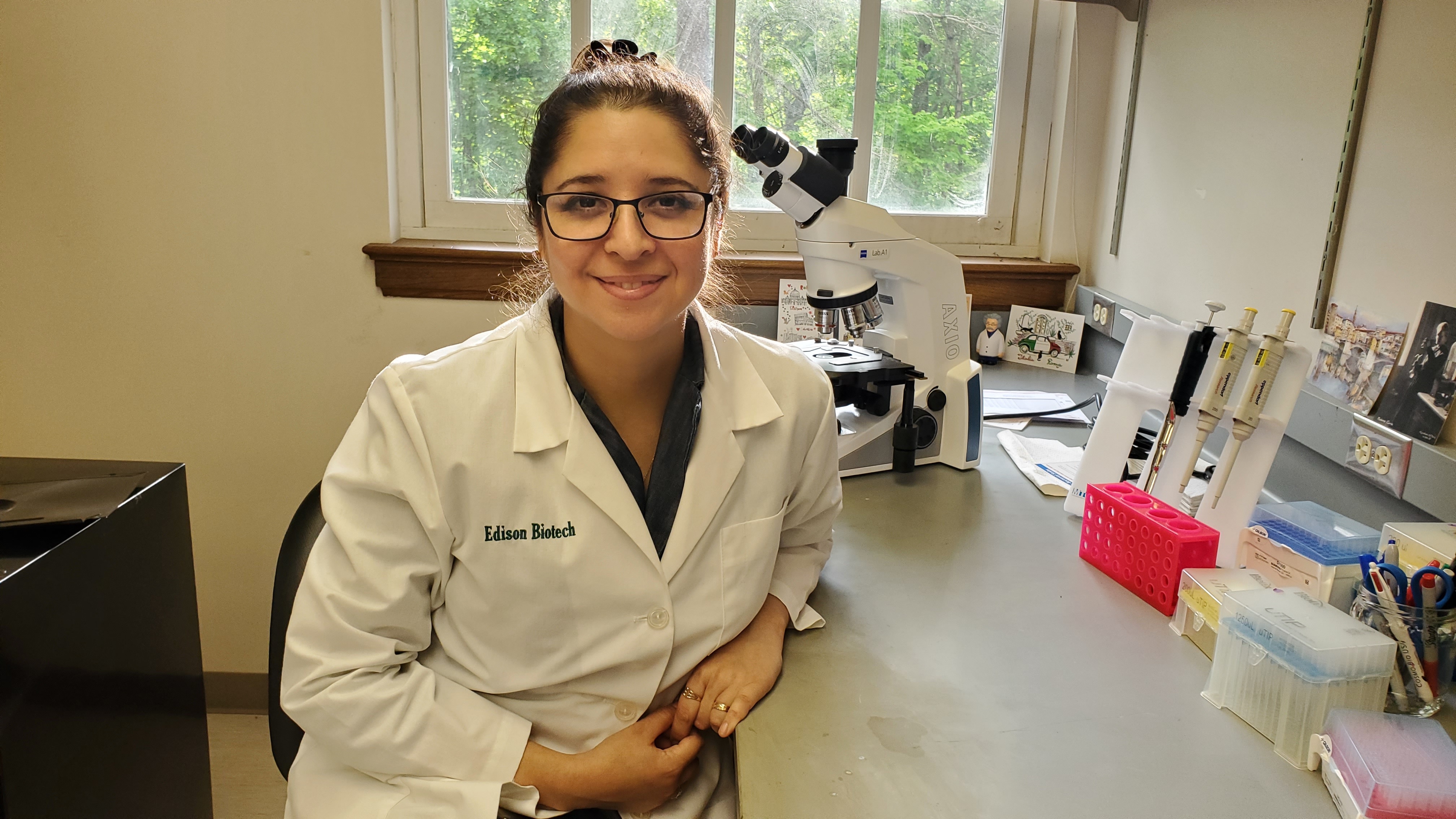 Veronica Bahamondes Lorca sits in her laboratory at the Edison Biotechnology Institute.