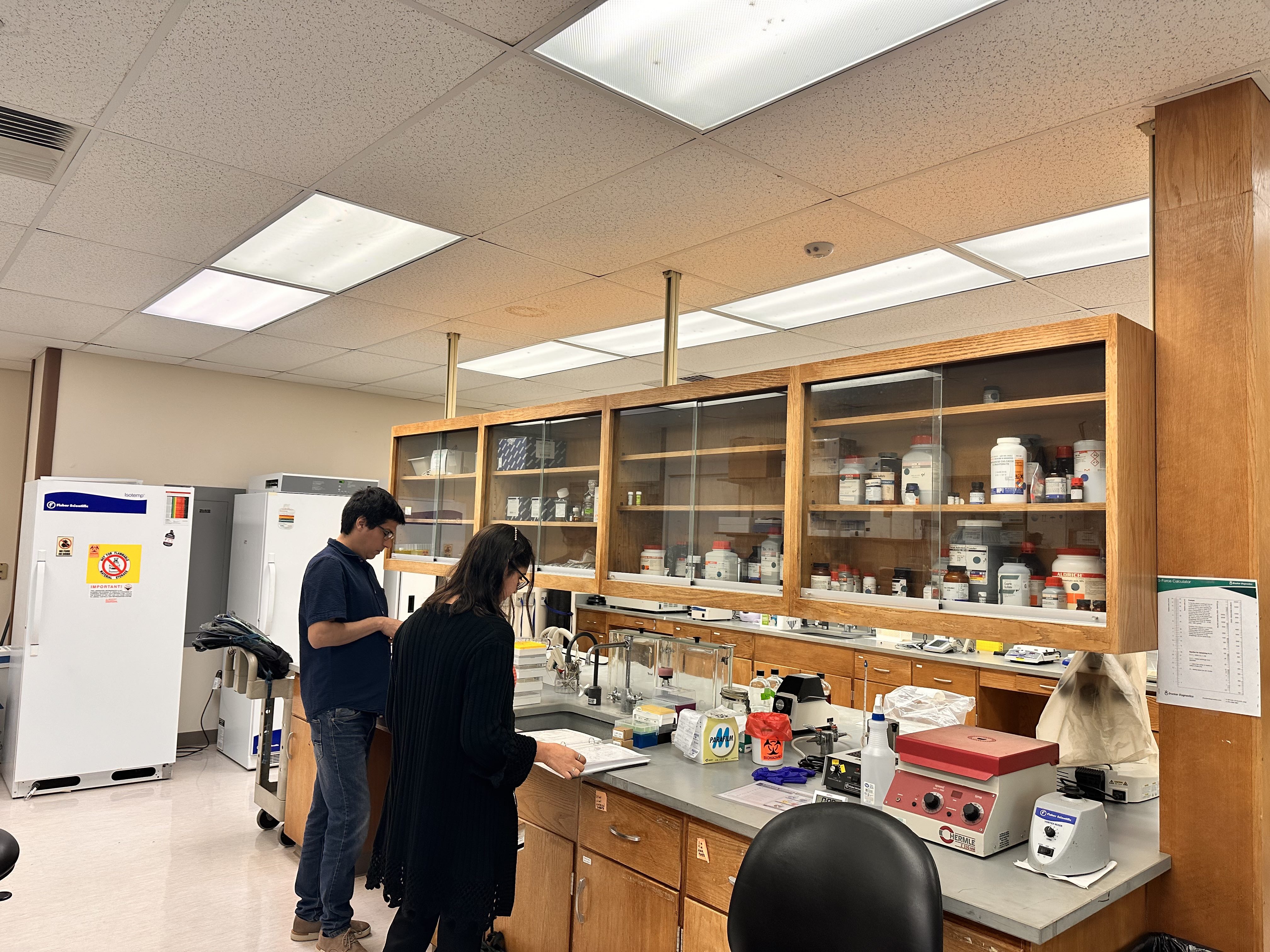 Researchers Oscar Avalos Ovando and Veronica Bahamondes Lorca review notes in OHIO's Edison Biotechnology Institute.