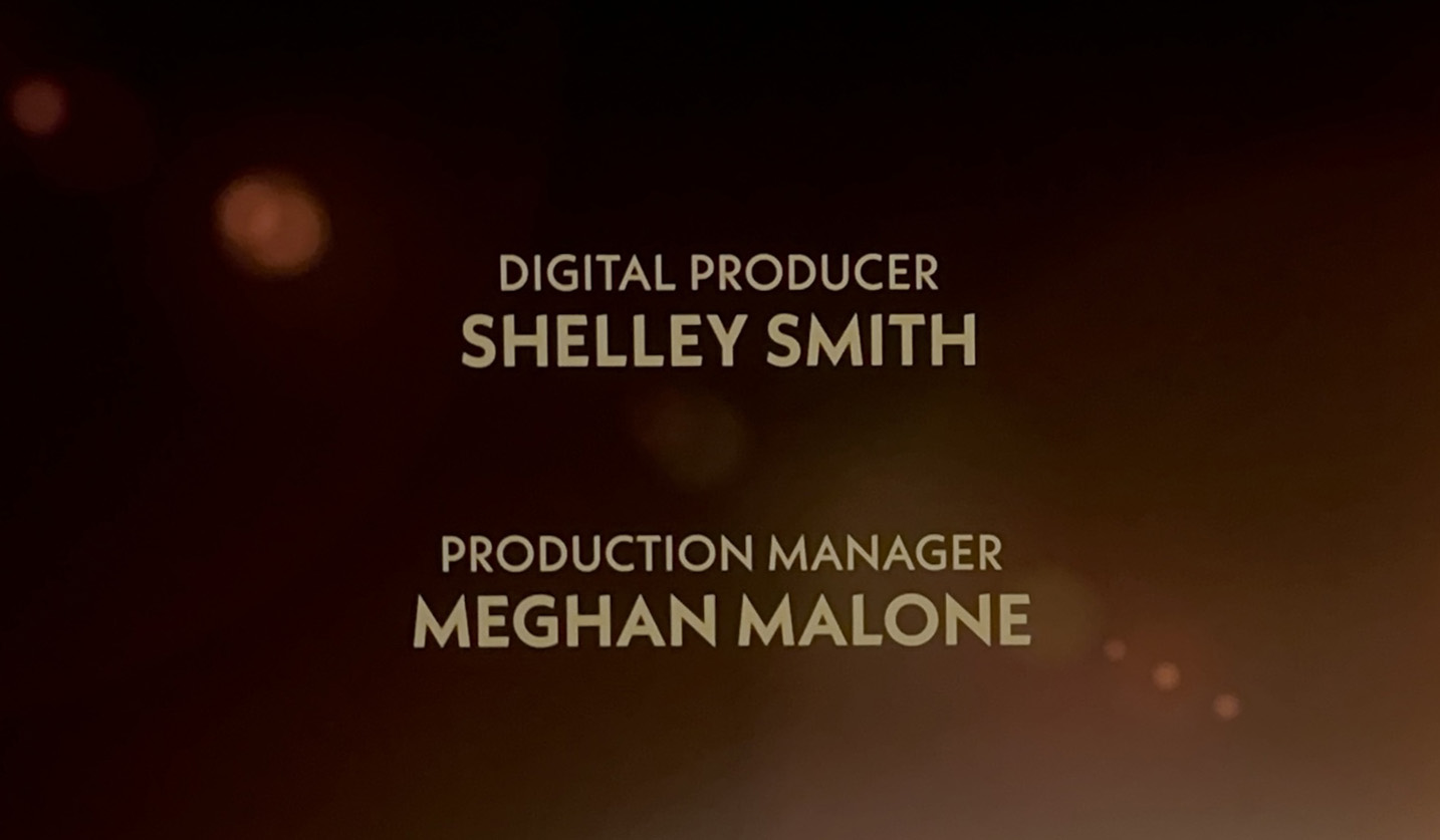 movie credits from The Garfield Movie featuring names of digital producer Shelley Smith and production manager Meghan Malone
