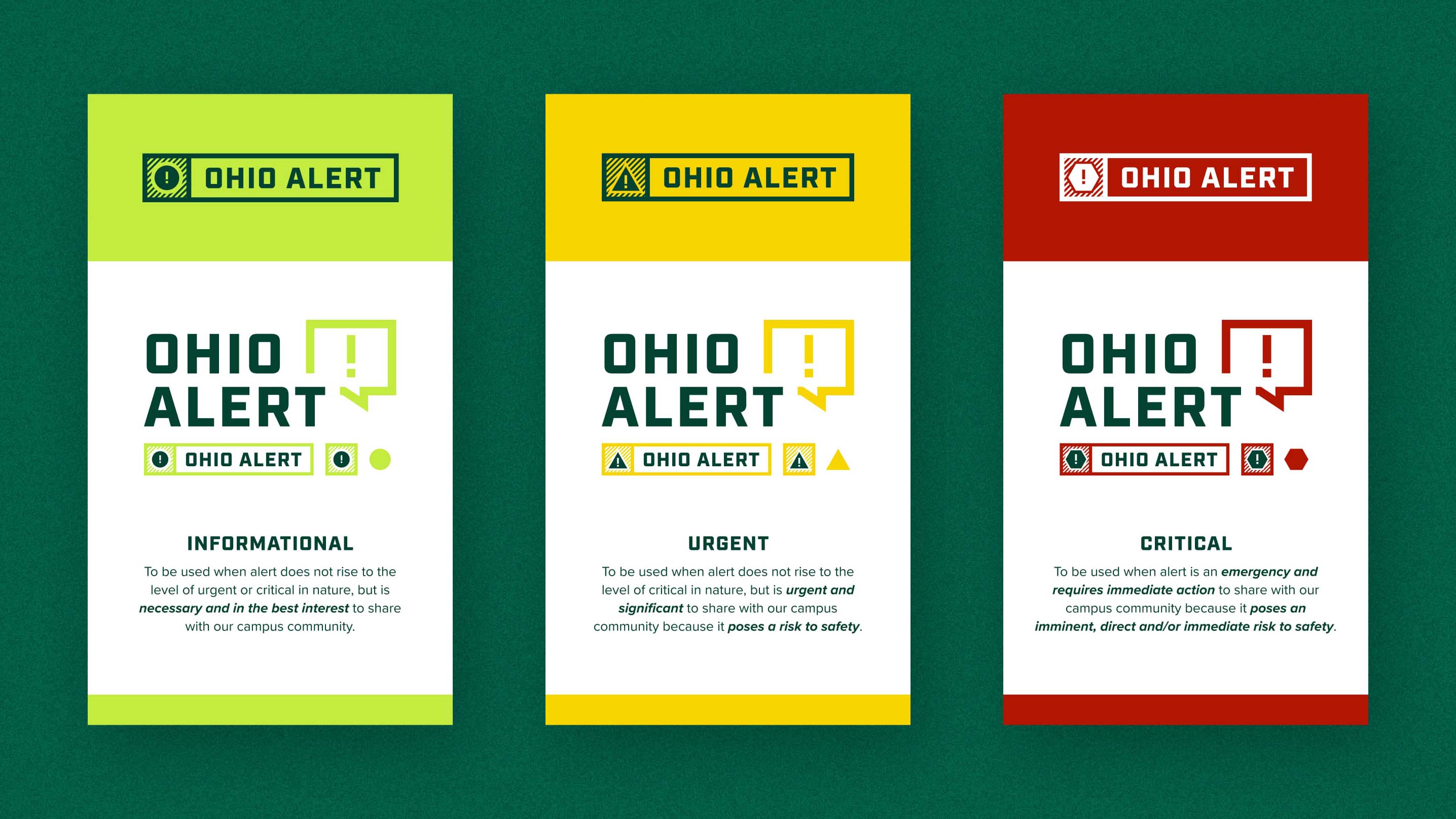 An image depicting OHIO's new emergency alerts colors, including green, yellow and red.