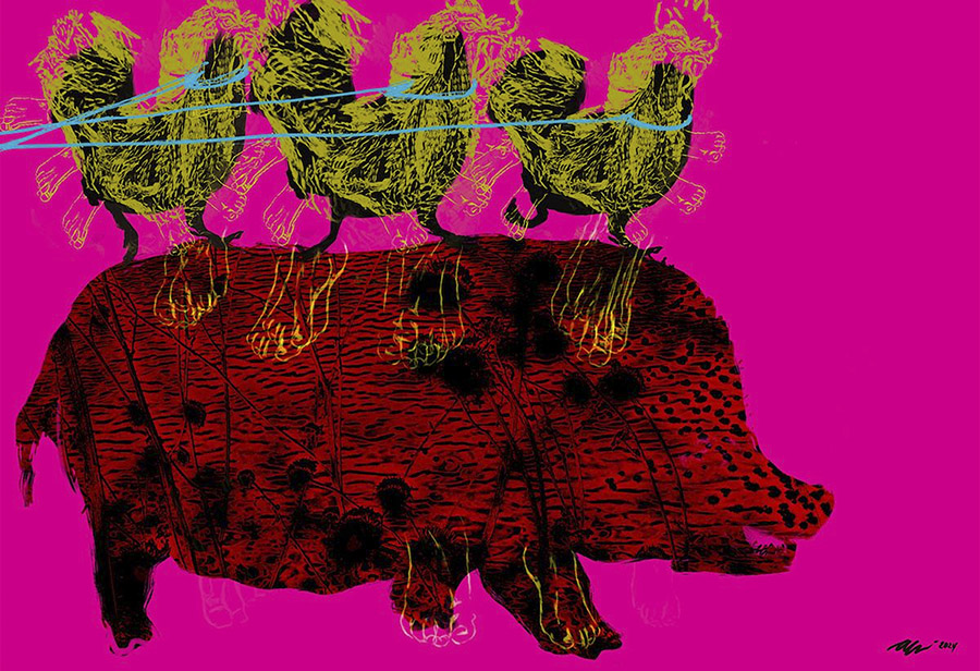 a print of a brown pig with three yellow chickens on its back, all on a hot pink background