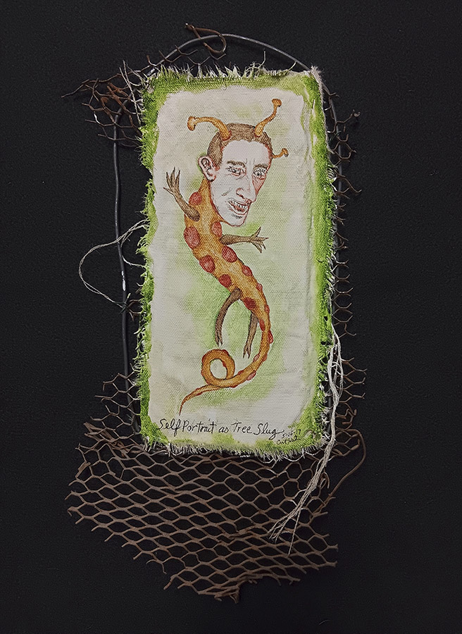 a photo of a mixed media art piece depicting a man with an orange slug-like body with red spots and four limbs