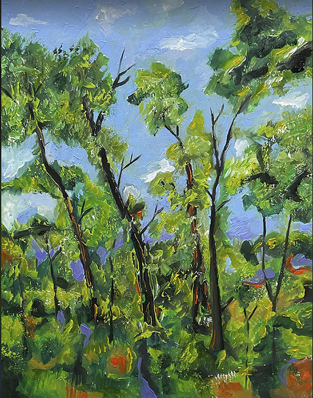 an impressionistic oil painting of green trees against a blue sky