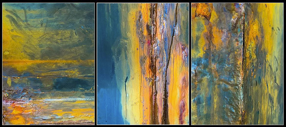 an abstract triptych painting with bright blues, yellows and hints of maroon