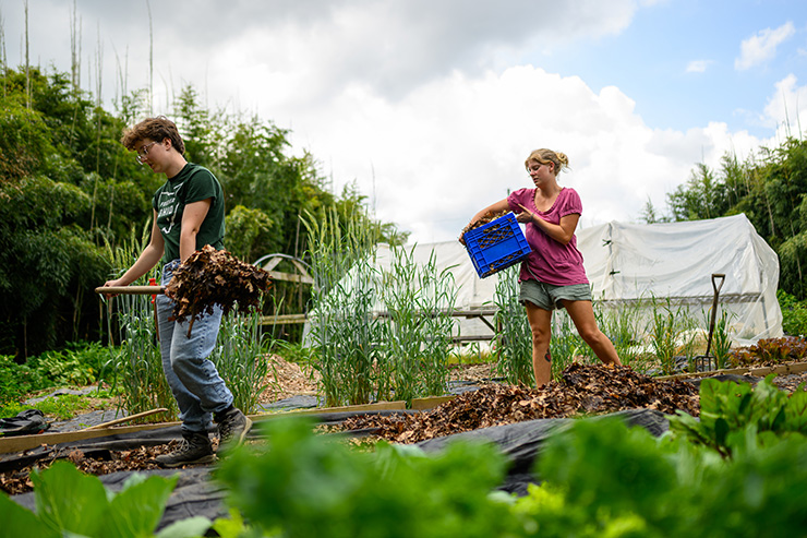 OHIO Student Farm Interns Lindsey Copeland (left) and Kaya Stone (right) spread leaf compost collected from University landscaping.