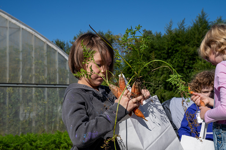 An Athens-area first-grade student holds carrots harvested from the OHIO Student Farm.