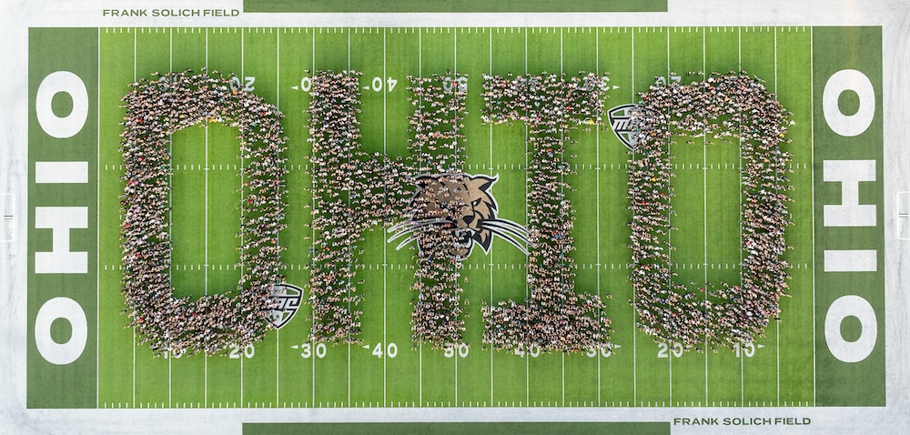 First-year students form the letters O-H-I-O on the University's football field