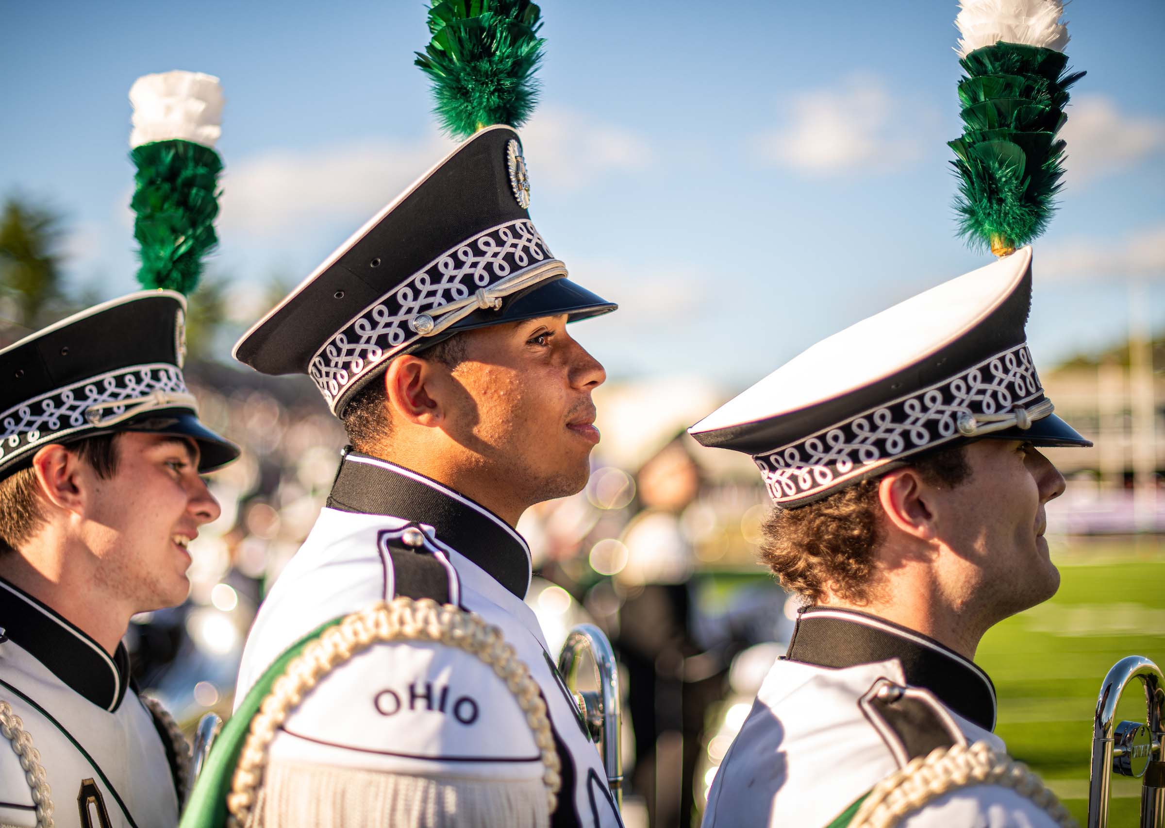 Members of the Ohio University Marching 110 line up to take the field.