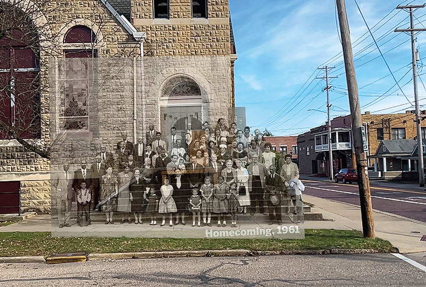 a historical photo of several dozen Mount Zion Baptist Church congregants circa the 1950s or 1960s, superimposed over a present-day image of the building