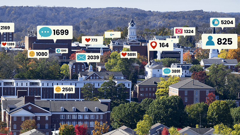 A view of the Athens campus at Ohio University overlayed with social icons demonstrating likes, love and goodwill