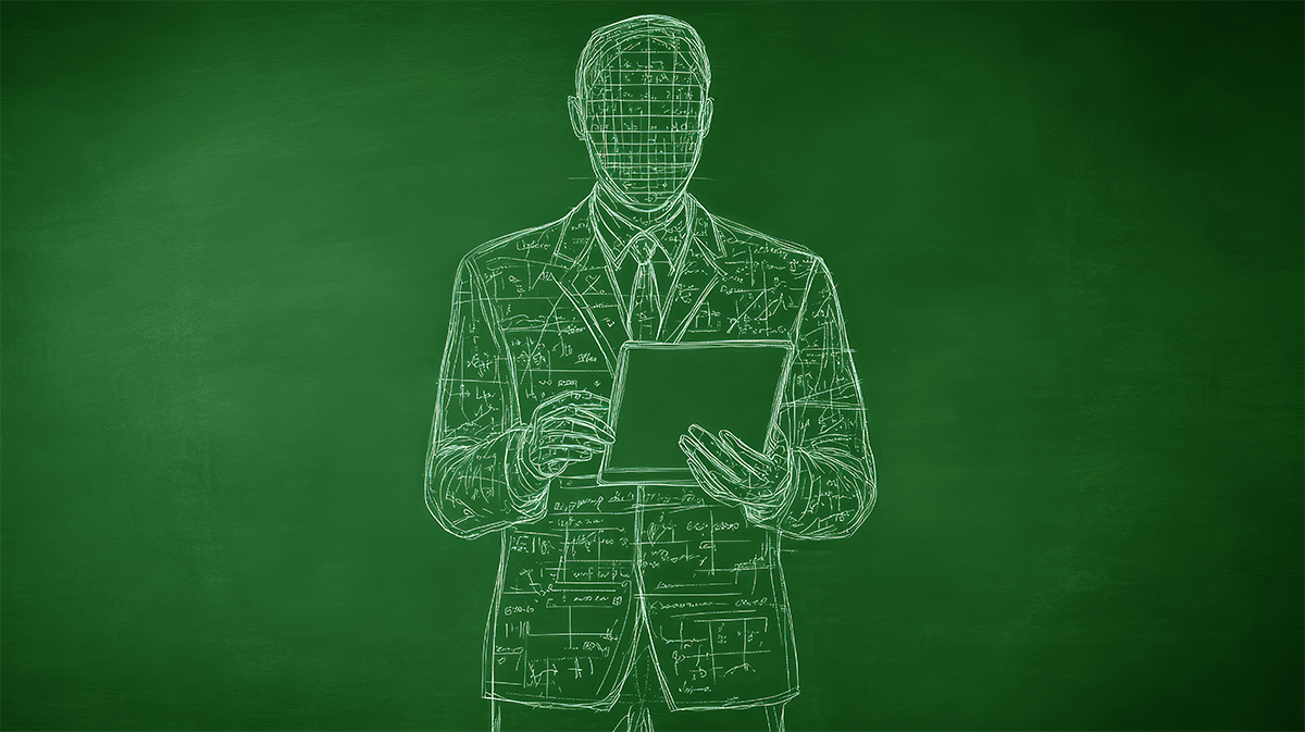 Illustration of professor holding laptop in front of classroom