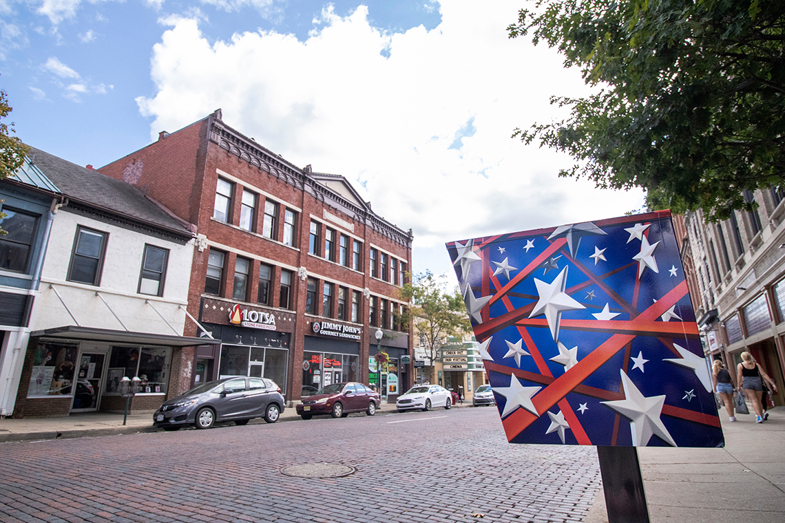 A ballot box painted with stars and stripes sits outside the Board of Elections' Court Street office.