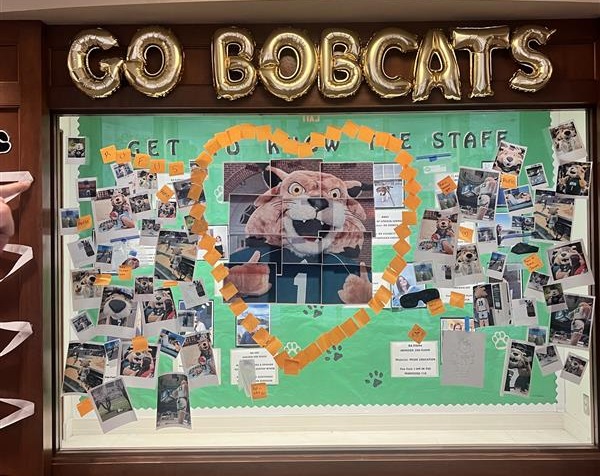 Go Bobcats is written on a wall decorated with Rufus and other Homecoming decorations