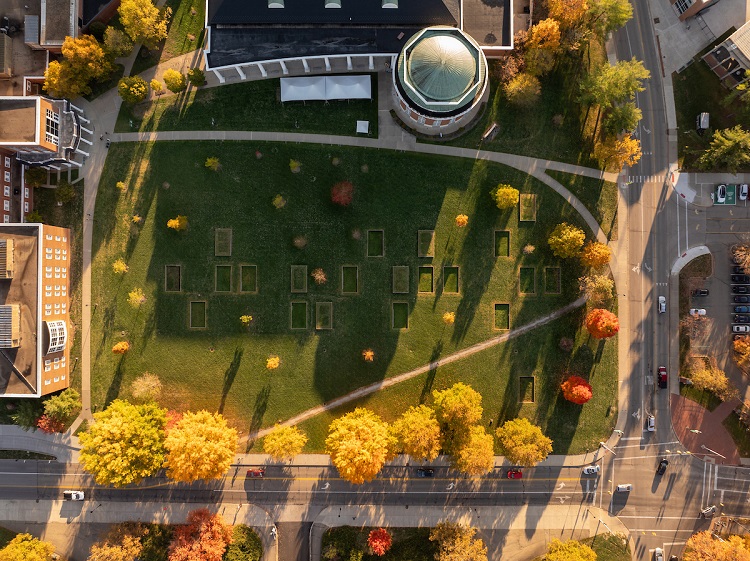 An aerial image of Bicentennial Park and the area around it on a Fall day at Ohio University