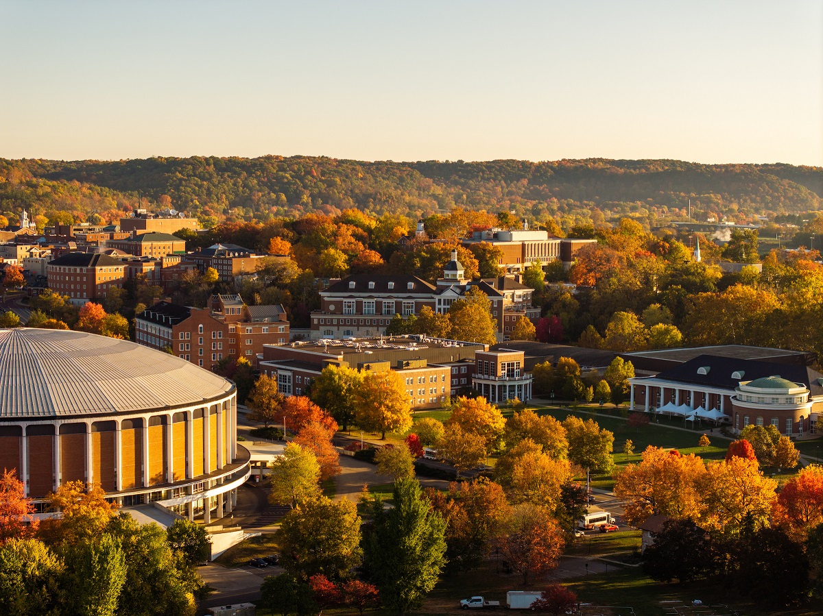 An aerial image of Ohio University and Athens, Ohio  in the Fall