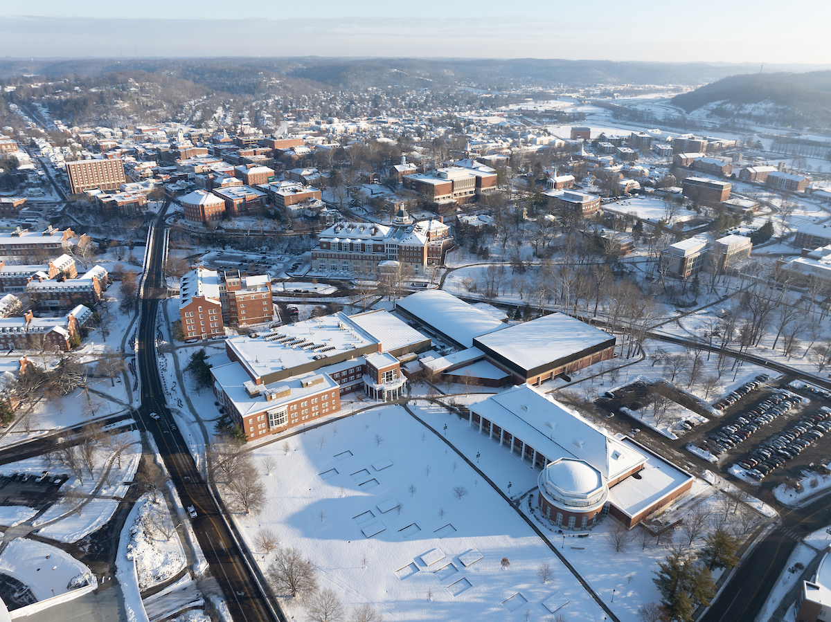 Ohio University and Athens are shown in an aerial photo on a snowy day in January