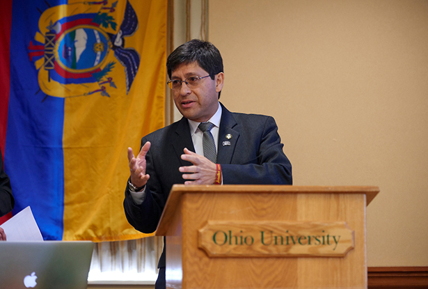 PUCE Rector Dr. Fernando Ponce Léon gives a brief overview of his institution during the April 4 welcome reception.