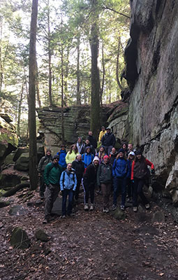 Ohio University students pose for a photo at the popular Ledges within the Cuyahoga Valley National Park.