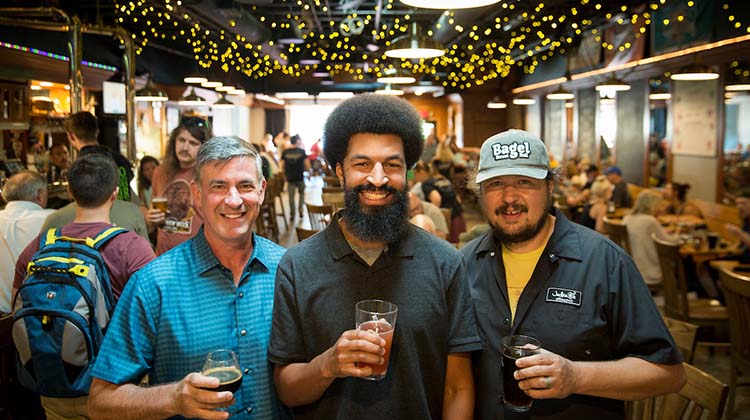 Brandon Thompson with thens Mayor Steve Patterson and Jackie O's owner Art Oestrike at an Ohio Brew Week event