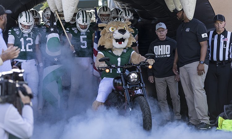 Rufus and Head Coach Frank Solich prepare to lead the OHIO Football Team onto the Peden Stadium field for the Homecoming match-up against Northern Illinois.