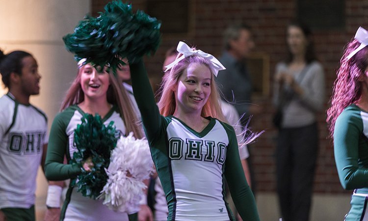 Ohio University Cheerleading kicked off this year’s Yell Like Hell Pep Rally, showing off some of their partner stunts and rallying the crowd’s Bobcat pride at the Oct. 10 event held on OHIO’s historic College Green. 