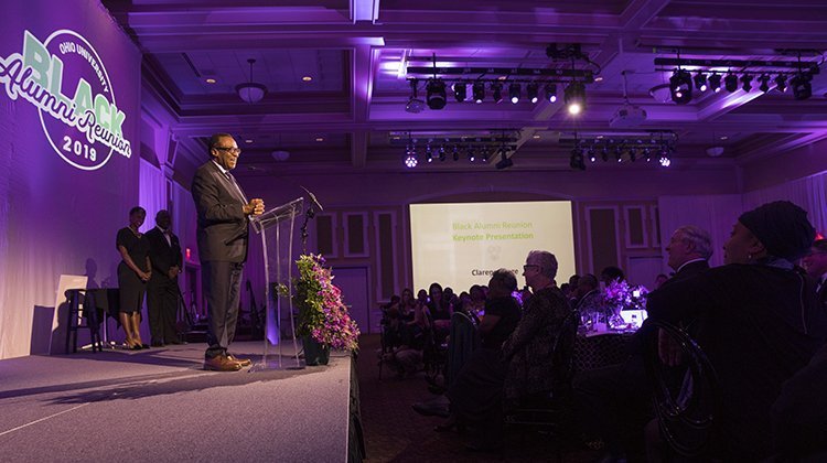 Two-time Pulitzer Prize-winning journalist, author and OHIO’s 2016 Alumnus of the Year Clarence Page, BSJ ’69, delivers the keynote address during the 2019 BAR Gala. Photo by Max Catalano, BSVC ’20