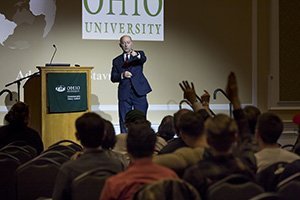 Retired Adm. James Stavridis takes questions from the audience during the 2019 Baker Peace Conference keynote address.