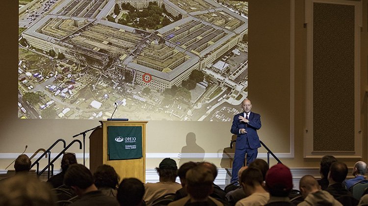 Retired Adm. James Stavridis delivers the 2019 Baker Peace Conference keynote address before a crowd in the Baker University Center Ballroom on March 28.