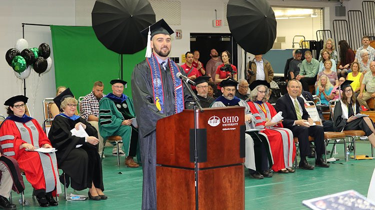 Josh Reisinger, BSW ’18, speaks during Ohio University Chillicothe’s 2018 Commencement. Reisinger was one of three OHIO leaders featured in the “Made for This” Ohio Today radio podcast that earned a Bronze Award for Best Practices in Digital Communication during the 2018 Council for Advancement and Support of Education (CASE) District V Conference.